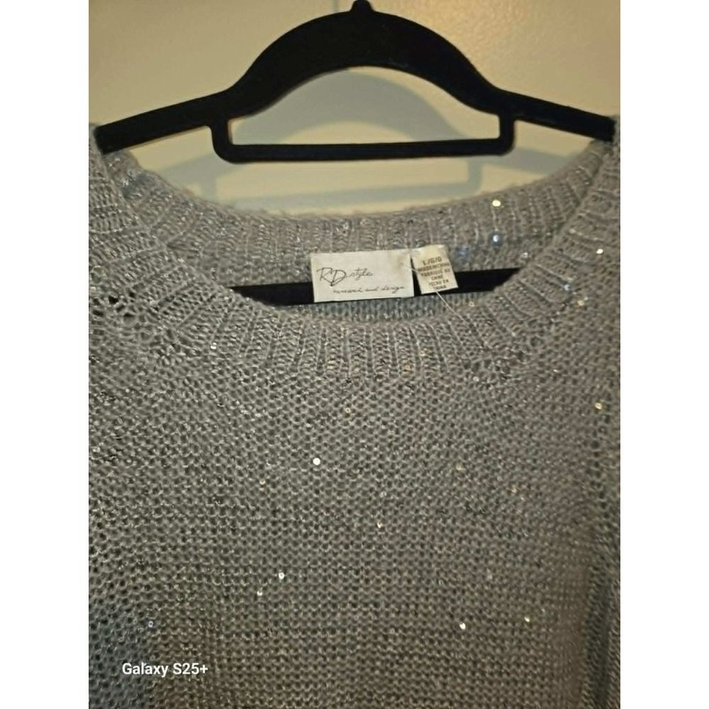 RD Style Sweater Womens Large Grey Sequin Metallic Knit Pullover - Picture 4 of 4